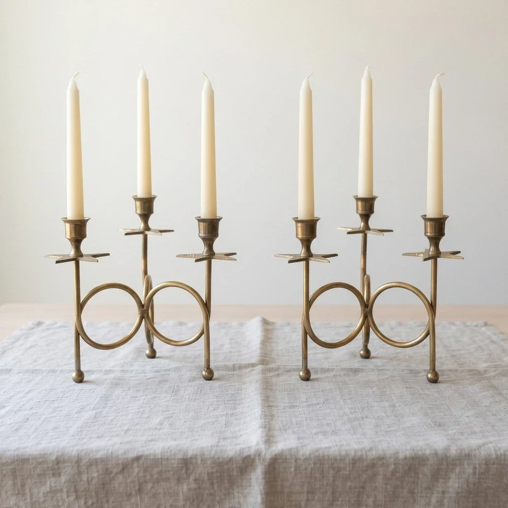 Vintage Brass Star Candelabra Pair Celestial 3-Light Taper Candle Holders Set 2